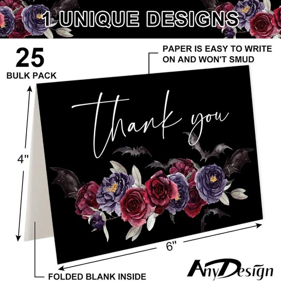 24 Pack Gothic Spooky Bat Black Floral Print Thank You Blank Cards w/ Envelopes - Picture 2 of 5